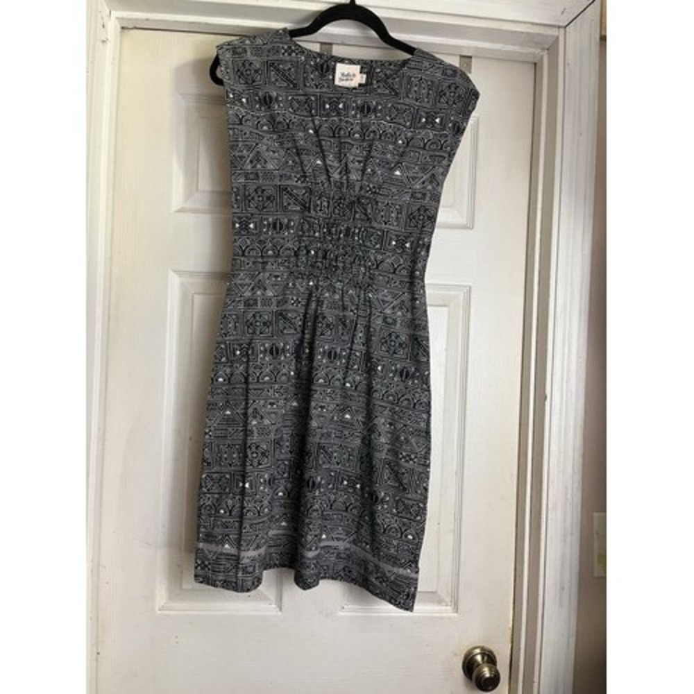 MATA TRADERS Womens XS Black White Geometric Print Dress Boho Ethical Fairtrade
